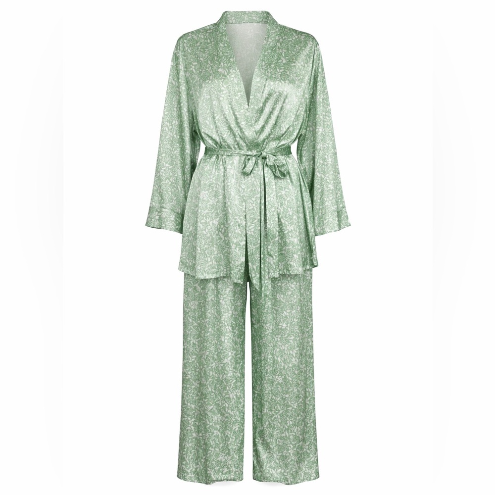 MORGAN TAYLOR Intimates Satin Pajama Lounge Set Floral Green Robe Pants XL / XXL